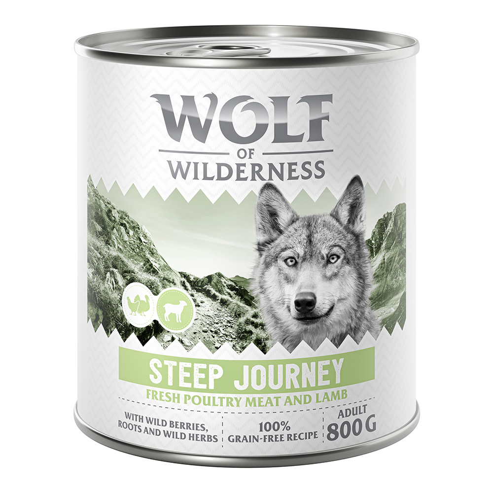 10 € Rabatt sichern! Sparpaket Wolf of Wilderness 24 x 800 g - Steep Journey - Geflügel mit Lamm von Wolf of Wilderness