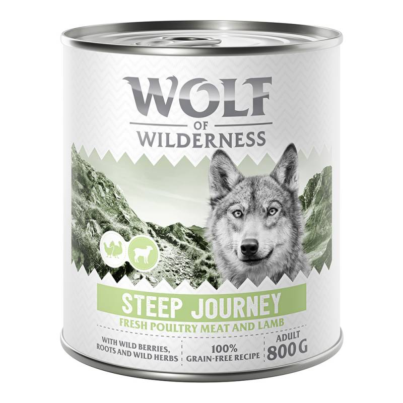 10 € Rabatt sichern! Sparpaket Wolf of Wilderness 24 x 800 g - Steep Journey - Geflügel mit Lamm von Wolf of Wilderness