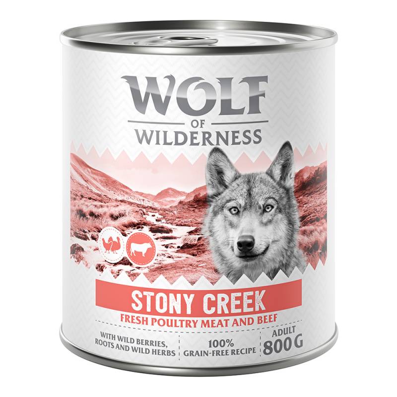 10 € Rabatt sichern! Sparpaket Wolf of Wilderness 24 x 800 g - Stony Creek - Geflügel mit Rind von Wolf of Wilderness