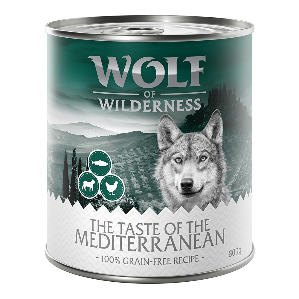 10 € Rabatt sichern! Sparpaket Wolf of Wilderness 24 x 800 g - The Taste of the Mediterranean - Lamm, Huhn, Forelle von Wolf of Wilderness