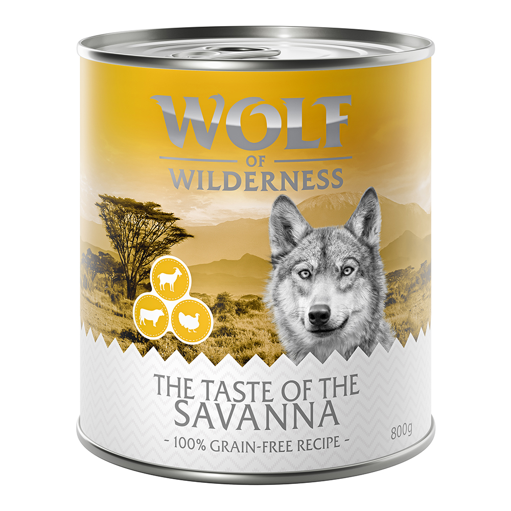 10 € Rabatt sichern! Sparpaket Wolf of Wilderness 24 x 800 g - The Taste of the Savanna - Pute, Rind, Ziege von Wolf of Wilderness