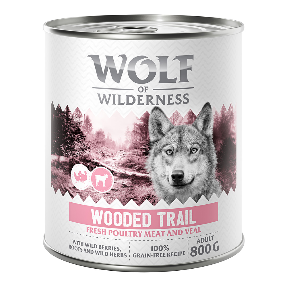 10 € Rabatt sichern! Sparpaket Wolf of Wilderness 24 x 800 g - Wooded Trails - Gefügel mit Kalb von Wolf of Wilderness