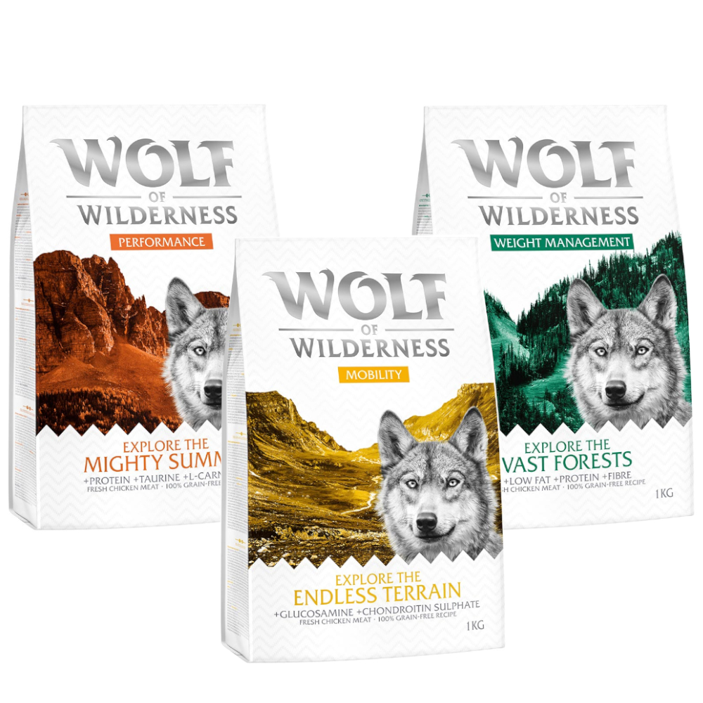 10 % Rabatt! Wolf of Wilderness Mix - getreidefrei ADULT Power-Mix: Performance, Mobility, Weight Management (3 x 1 kg) von Wolf of Wilderness