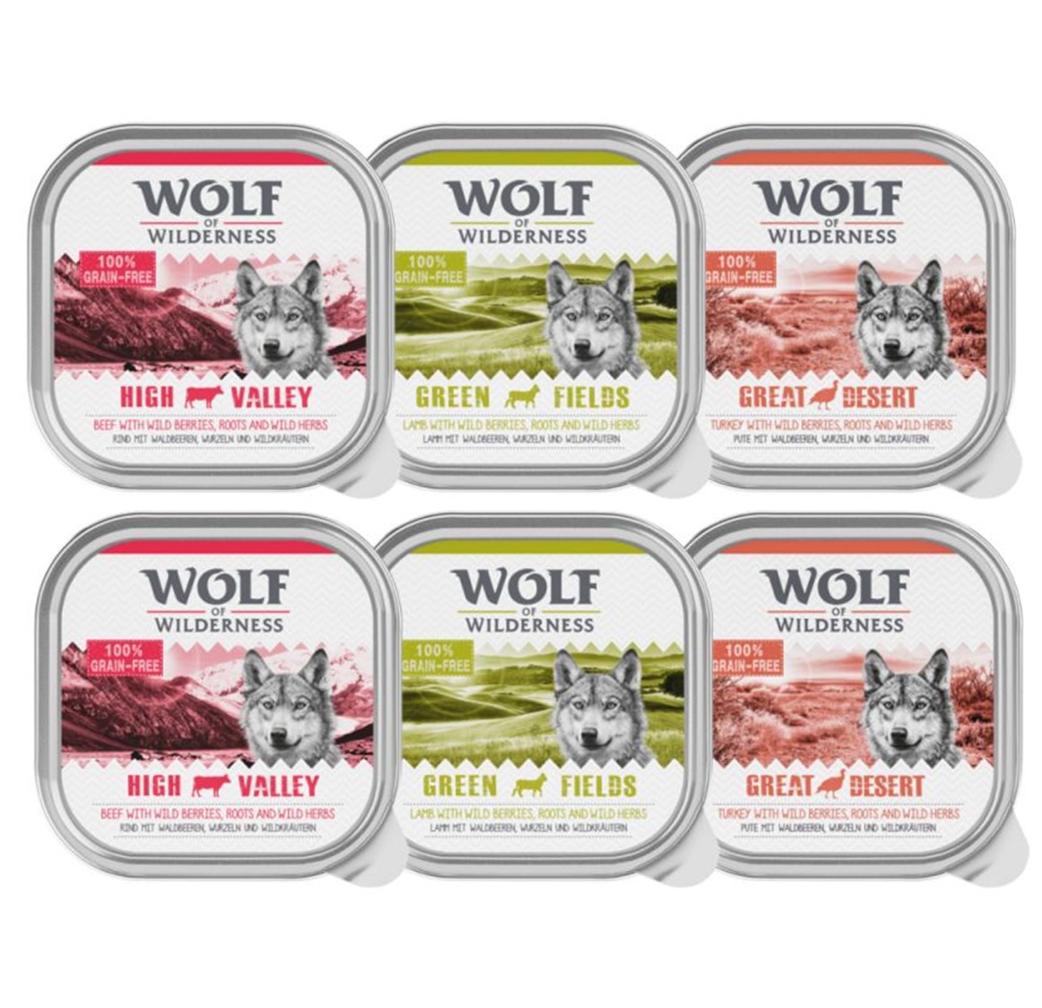 10% Rabatt! Wolf of Wilderness Mixpakete - Junior, Adult & Senior - 6 x 300 g (Schale): Rind, Pute, Lamm von Wolf of Wilderness