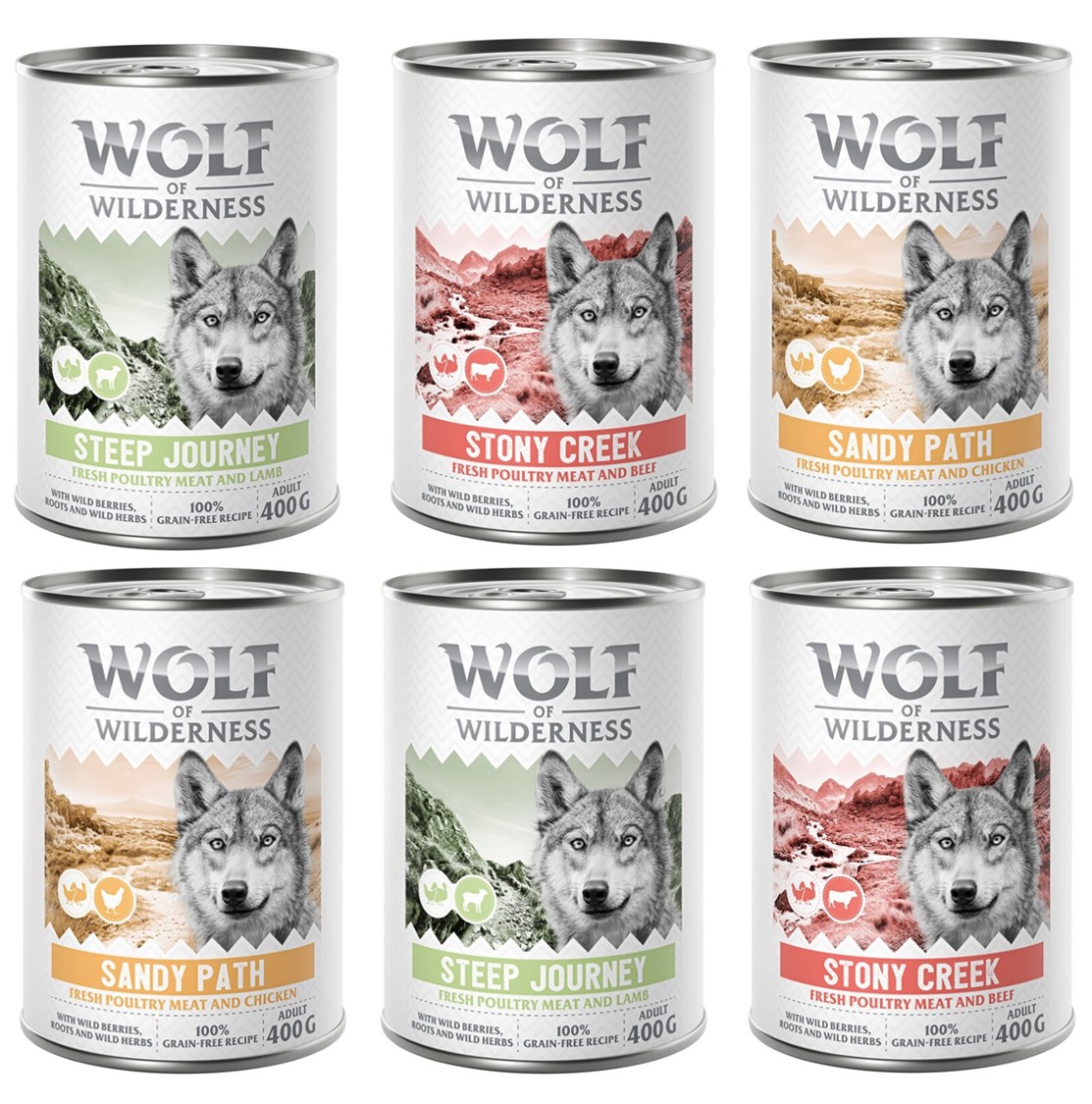 10% Rabatt! Wolf of Wilderness Mixpakete - Junior, Adult & Senior - 6 x 400 g: Geflügel mit Huhn, Geflügel mit Lamm, Geflügel mit Rind von Wolf of Wilderness