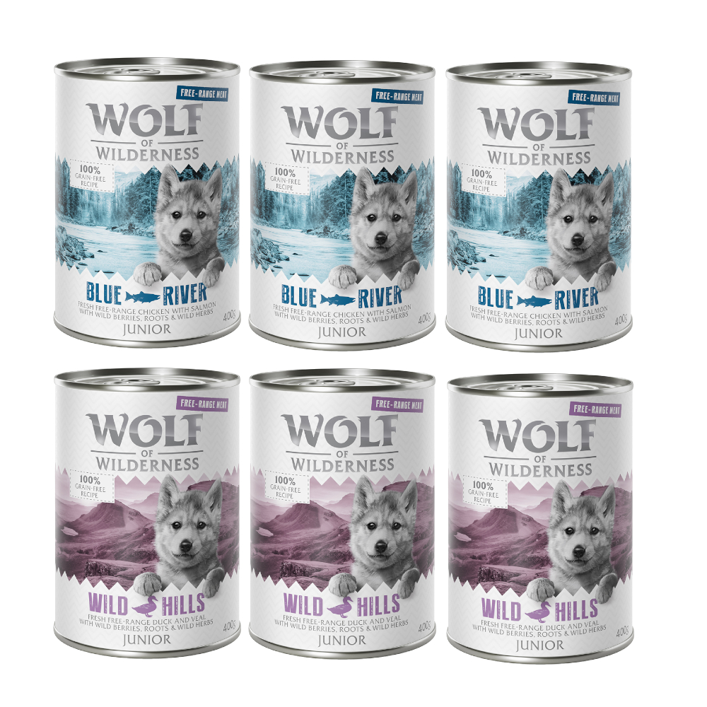 10% Rabatt! Wolf of Wilderness Mixpakete - Junior, Adult & Senior - 6 x 400 g: JUNIOR Freiland-Ente & -Kalb, Freiland-Huhn & Lachs von Wolf of Wilderness