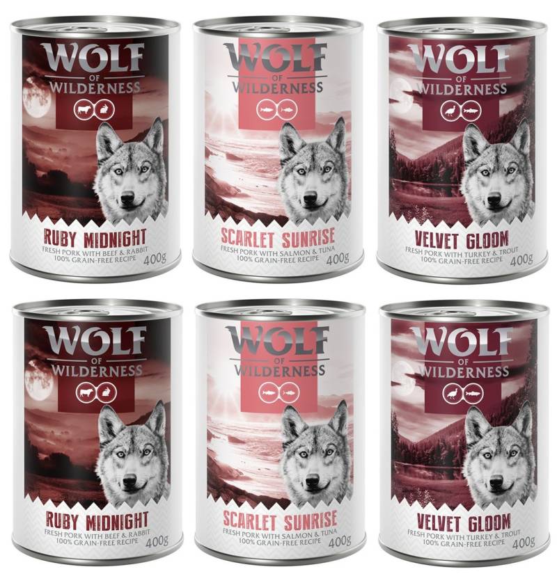 10% Rabatt! Wolf of Wilderness Mixpakete - Junior, Adult & Senior - 6 x 400 g: Ruby Midnight,  Scarlet Sunrise, Velvet Gloom von Wolf of Wilderness