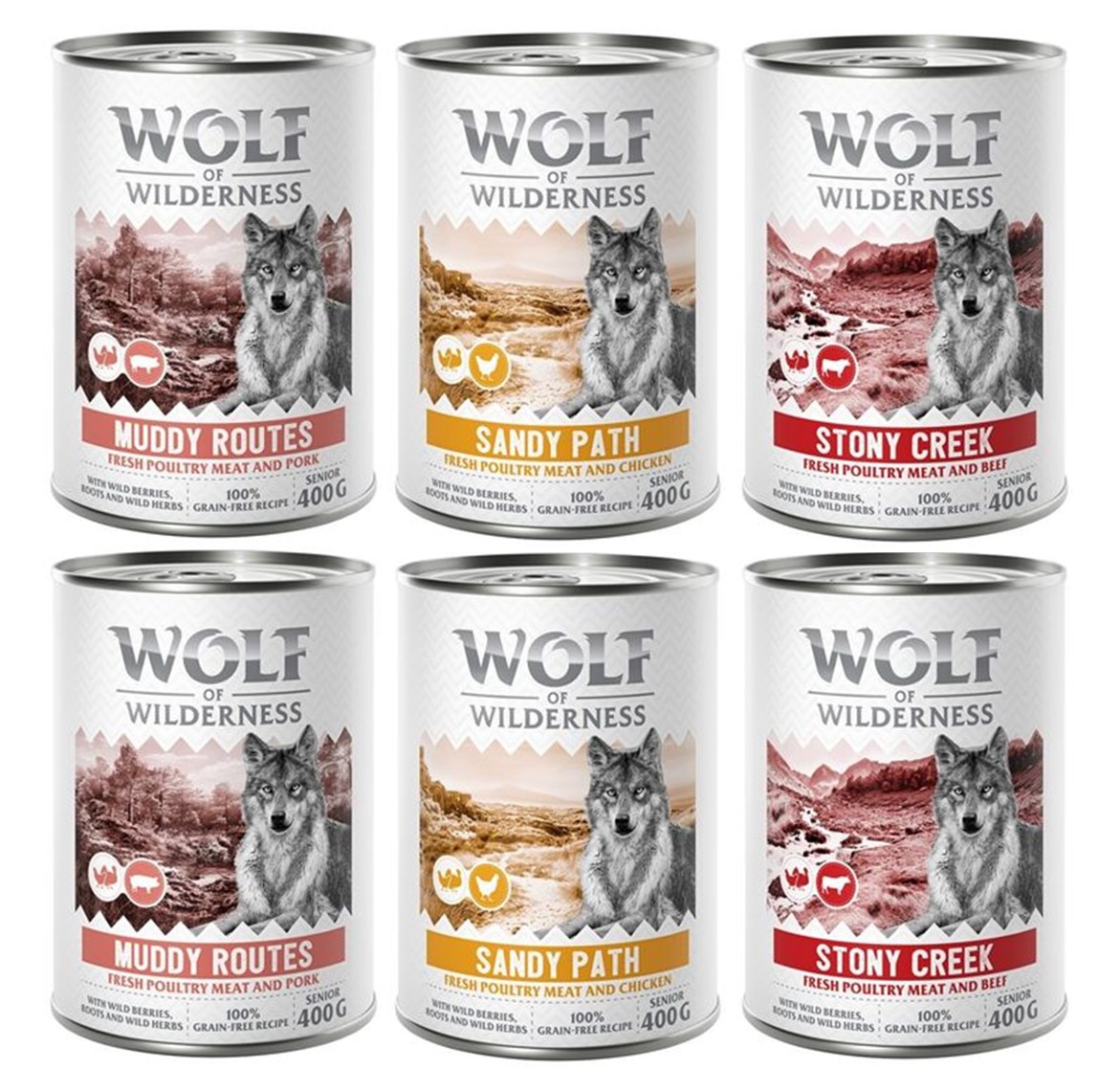 10% Rabatt! Wolf of Wilderness Mixpakete - Junior, Adult & Senior  6 x 400 g: SENIOR Geflügel & Rind, Geflügel & Schwein, Geflügel & Huhn von Wolf of Wilderness