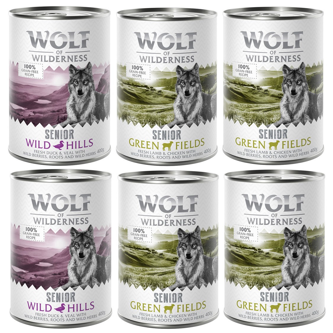 10% Rabatt! Wolf of Wilderness Mixpakete - Junior, Adult & Senior - 6 x 400 g: SENIOR Lamm & Huhn, 2x Ente & Kalb von Wolf of Wilderness