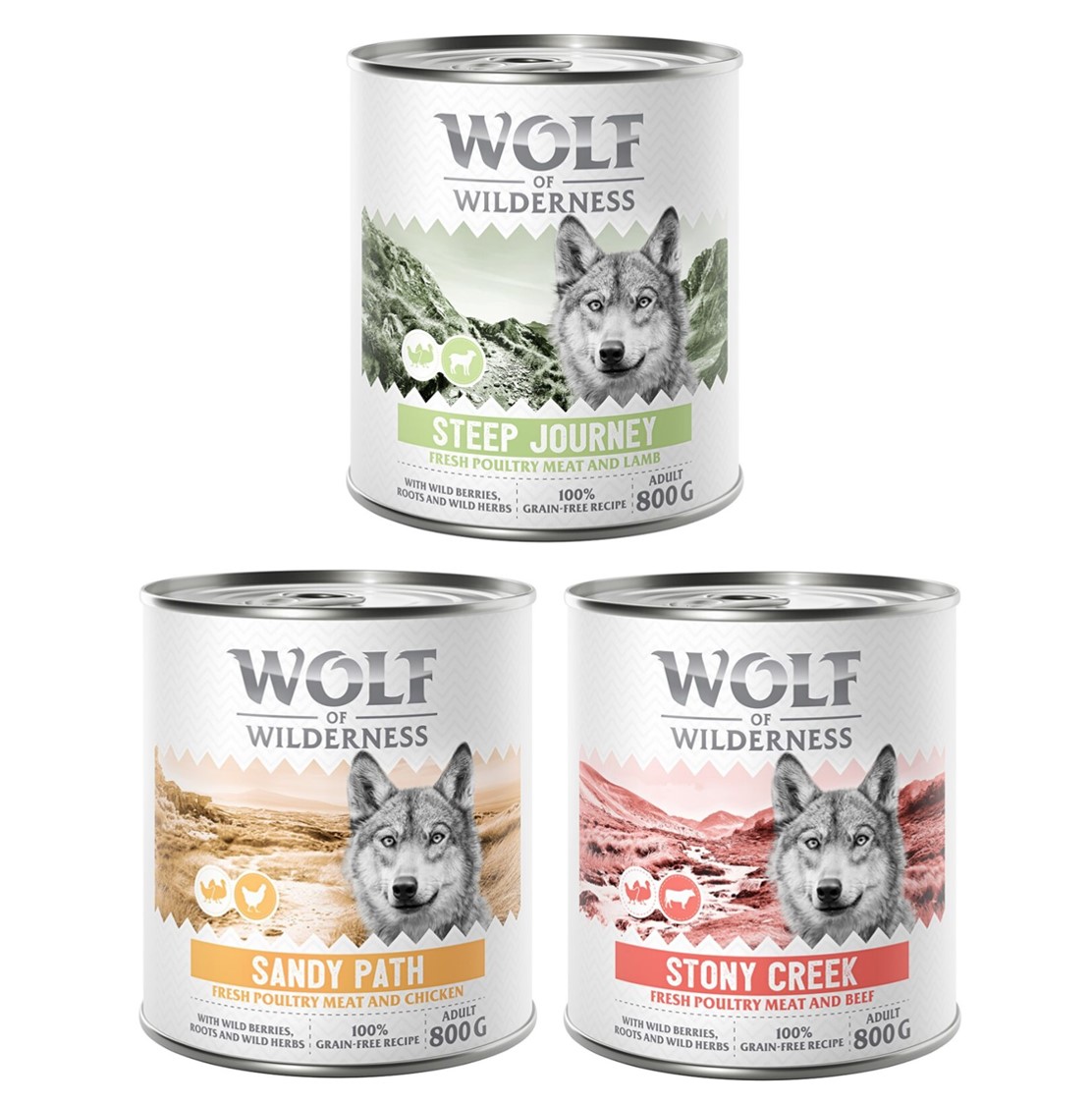 10% Rabatt! Wolf of Wilderness Mixpakete - Junior, Adult & Senior - 6 x 800 g: Geflügel mit Huhn, Geflügel mit Lamm, Geflügel mit Rind von Wolf of Wilderness