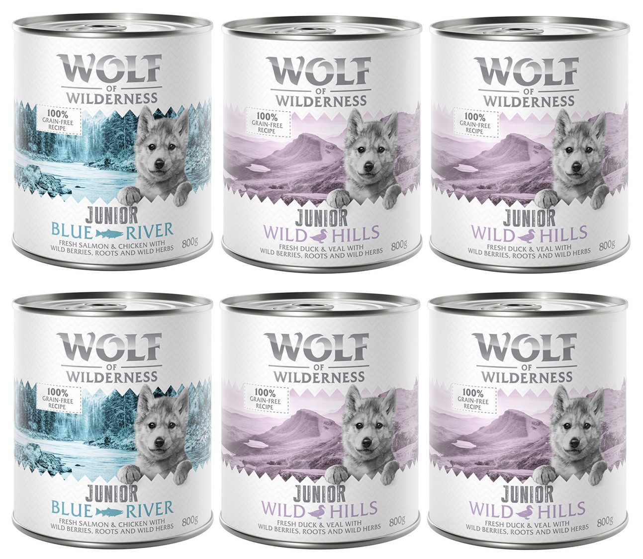 10% Rabatt! Wolf of Wilderness Mixpakete - Junior, Adult & Senior - 6 x 800 g: JUNIOR Ente & Kalb, Huhn & Lachs von Wolf of Wilderness