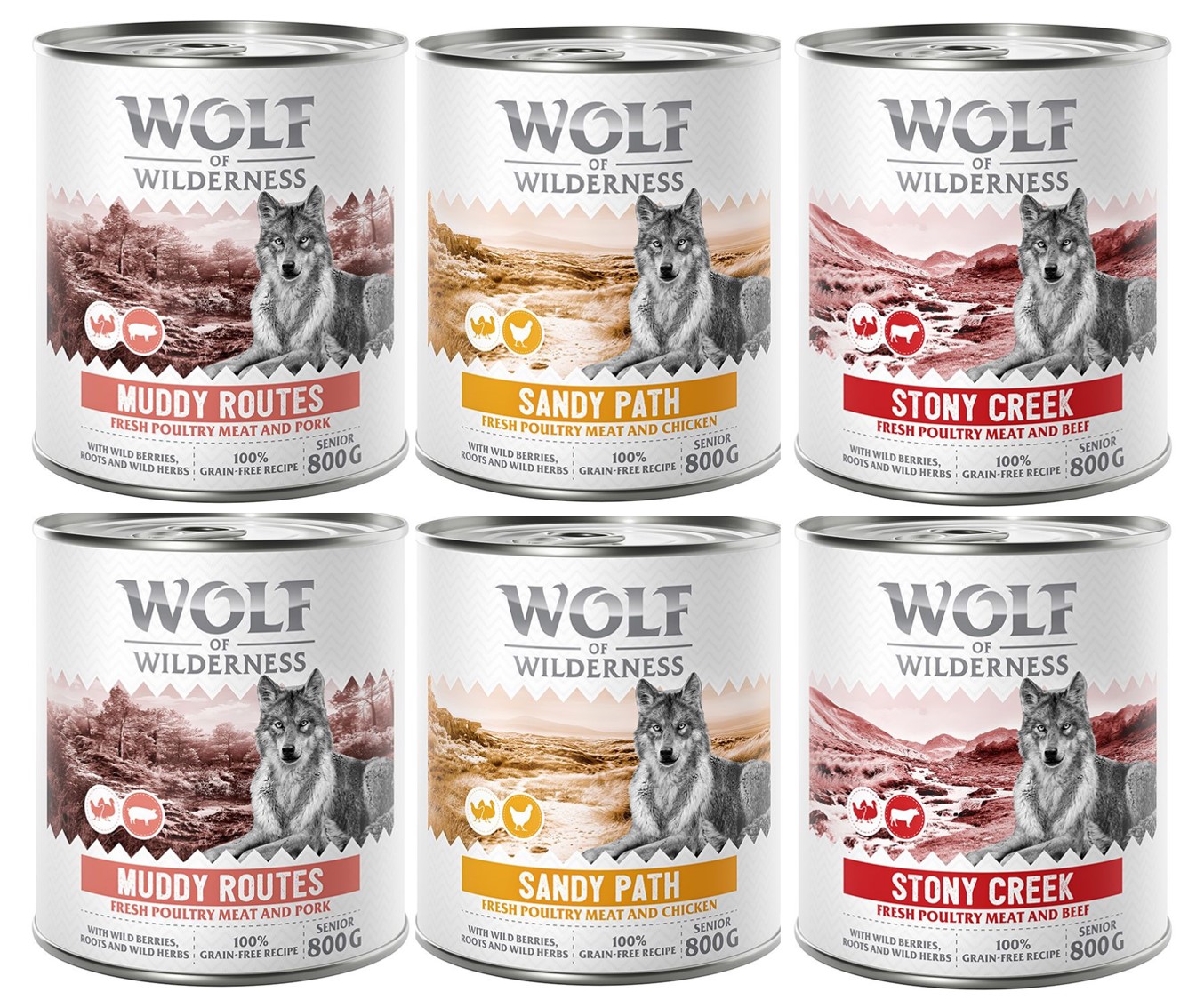 10% Rabatt! Wolf of Wilderness Mixpakete - Junior, Adult & Senior - 6 x 800 g: SENIOR Geflügel & Rind, Geflügel & Schwein, Geflügel & Huhn von Wolf of Wilderness