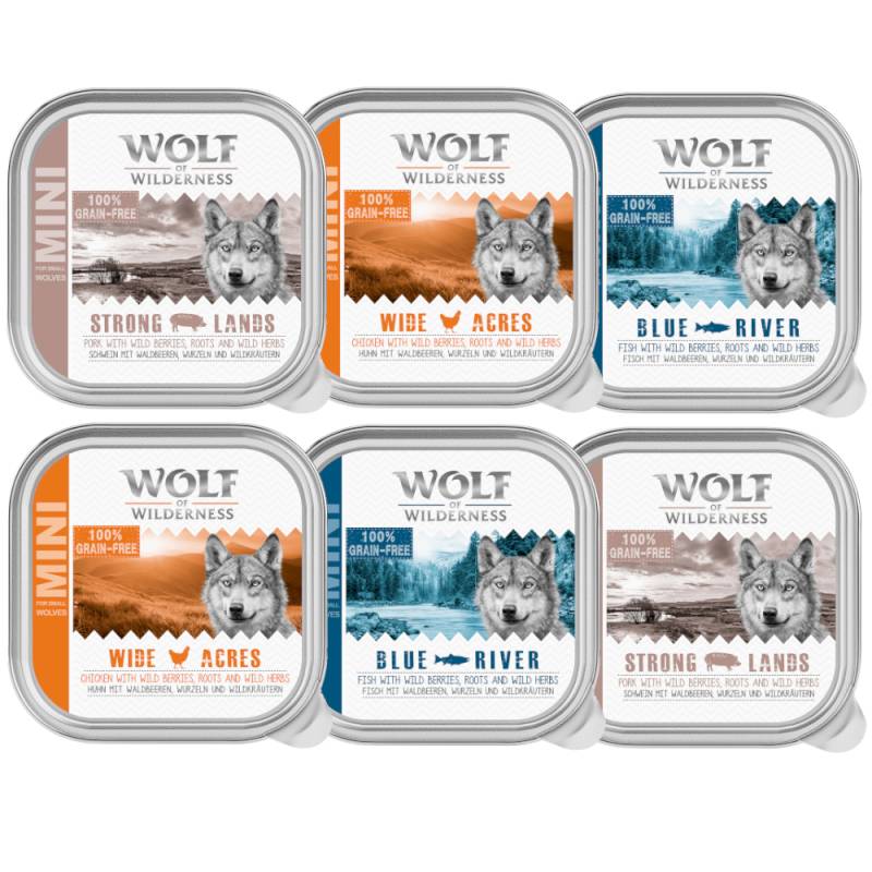 10% Rabatt! Wolf of Wilderness Mixpakete zum Aktionspreis! Junior, Adult & Senior - 6 x 150 g (Schale): Huhn, Fisch, Schwein von Wolf of Wilderness