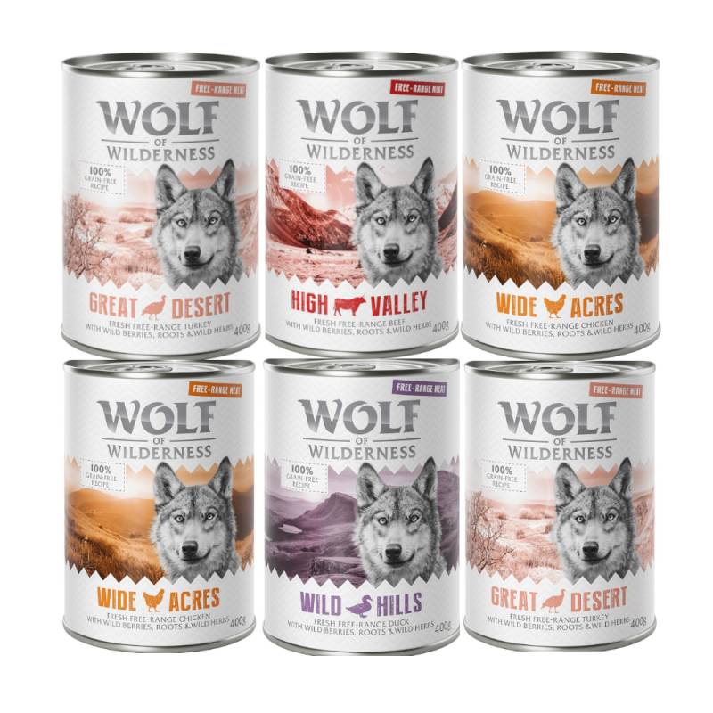 10% Rabatt! Wolf of Wilderness Mixpakete zum Aktionspreis! Junior, Adult & Senior - 6 x 400 g: Freiland-Pute, -Huhn, -Rind, -Ente von Wolf of Wilderness