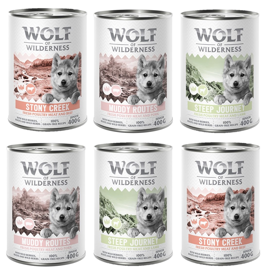 10% Rabatt! Wolf of Wilderness Mixpakete zum Aktionspreis! Junior, Adult & Senior  6 x 400 g: JUNIOR Geflügel mit Rind, Geflügel mit Lamm, Geflügel mit Schwein von Wolf of Wilderness
