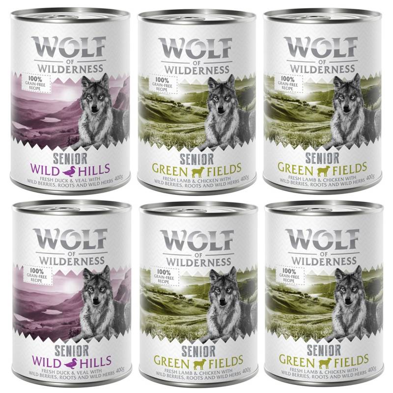 10% Rabatt! Wolf of Wilderness Mixpakete zum Aktionspreis! Junior, Adult & Senior - 6 x 400 g: SENIOR Lamm & Huhn, 2x Ente & Kalb von Wolf of Wilderness