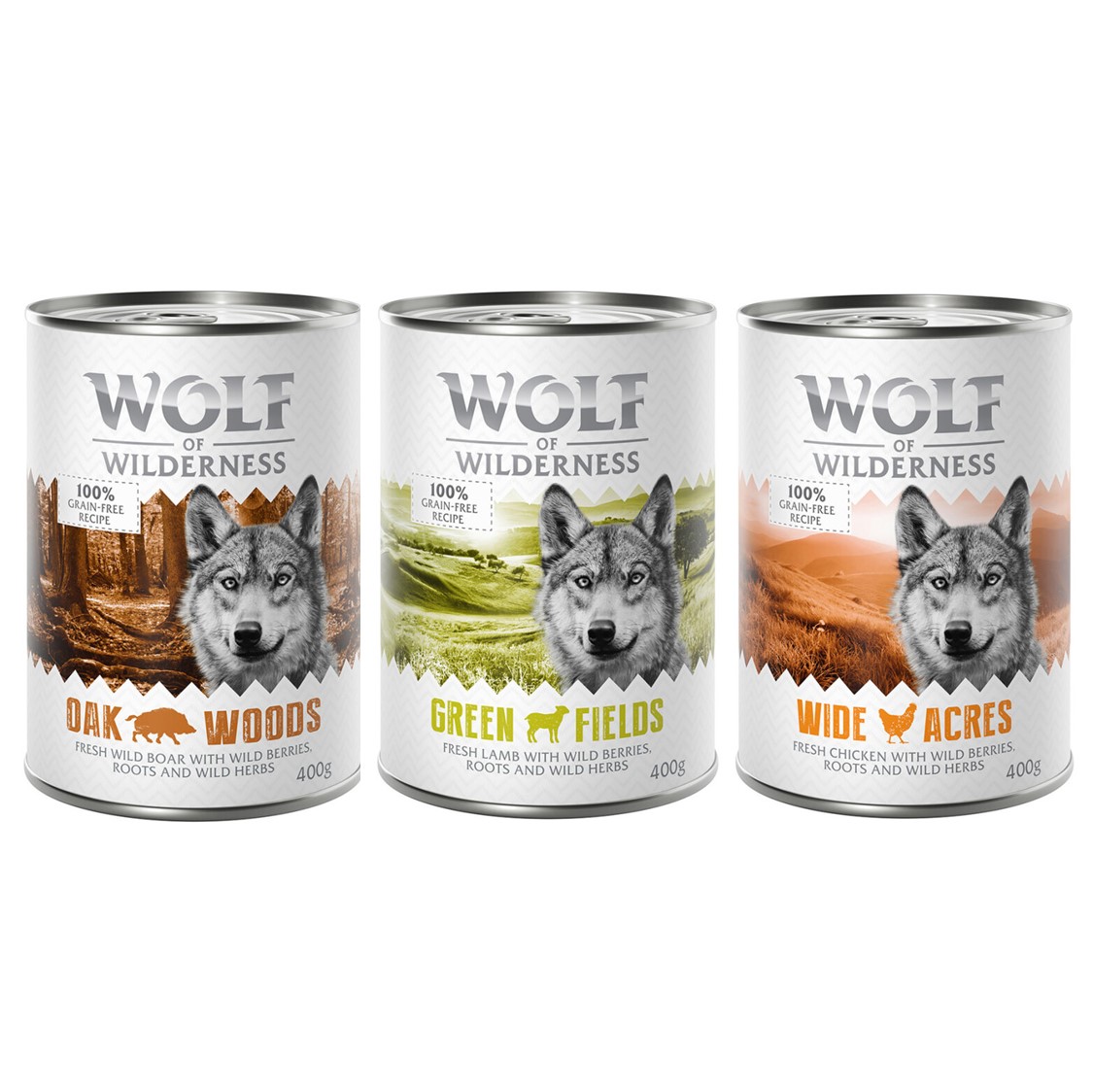 10% Rabatt! Wolf of Wilderness Mixpakete zum Aktionspreis! Junior, Adult & Senior - 6 x 400 g: Wildschwein, Huhn, Lamm von Wolf of Wilderness