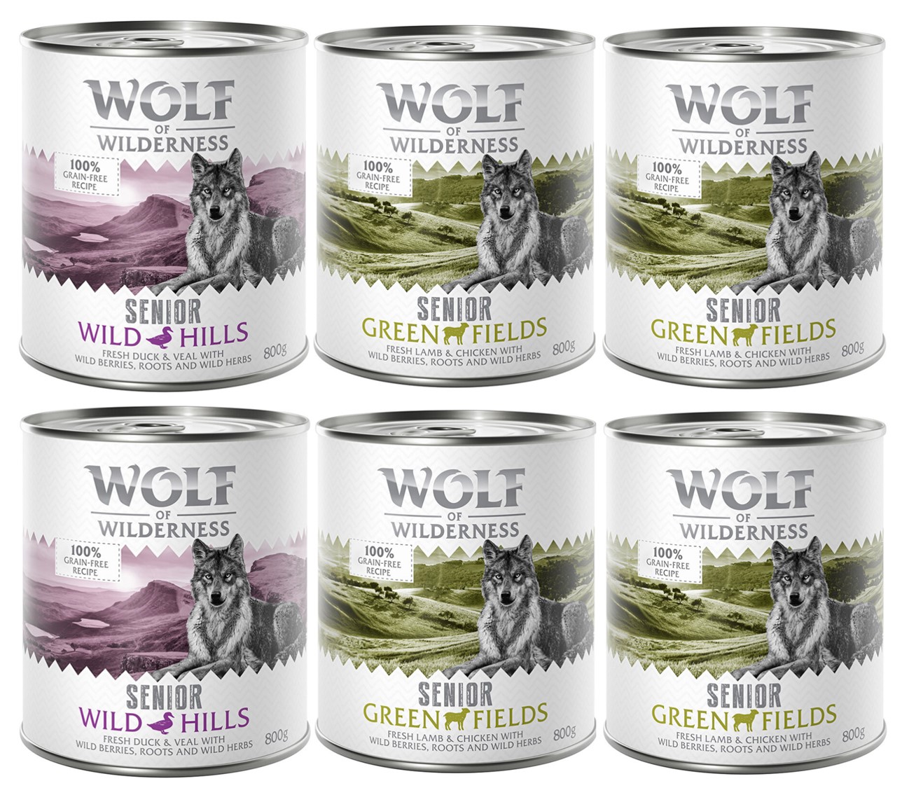 10% Rabatt! Wolf of Wilderness Mixpakete zum Aktionspreis! Junior, Adult & Senior - 6 x 800 g SENIOR Lamm & Huhn, Ente & Kalb von Wolf of Wilderness