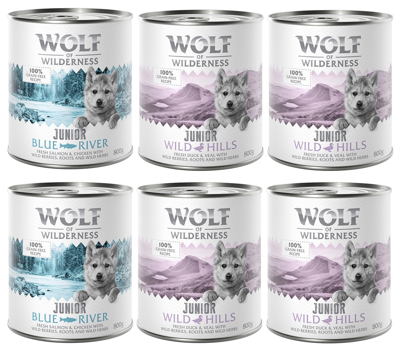 10% Rabatt! Wolf of Wilderness Mixpakete zum Aktionspreis! Junior, Adult & Senior - 6 x 800 g: JUNIOR Ente & Kalb, Huhn & Lachs von Wolf of Wilderness