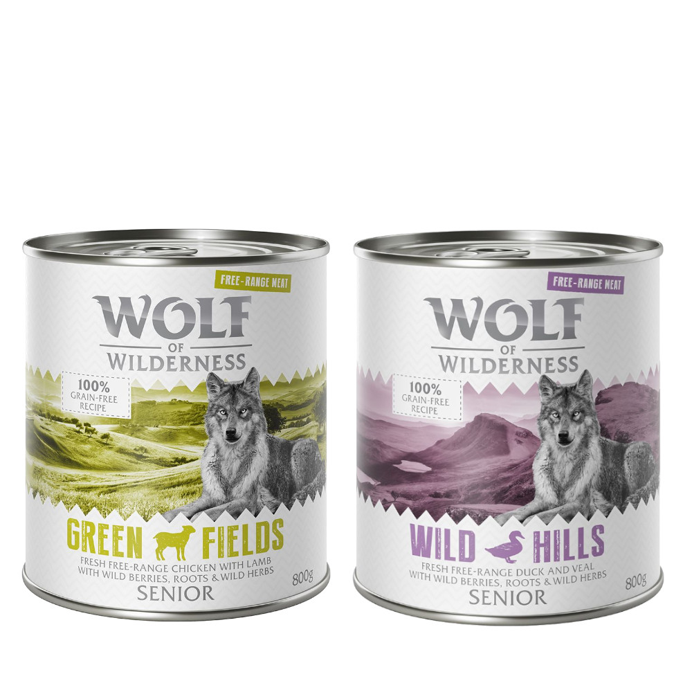 10% Rabatt! Wolf of Wilderness Mixpakete zum Aktionspreis! Junior, Adult & Senior - 6 x 800 g: SENIOR Freiland-Lamm, -Huhn, -Ente, -Kalb von Wolf of Wilderness