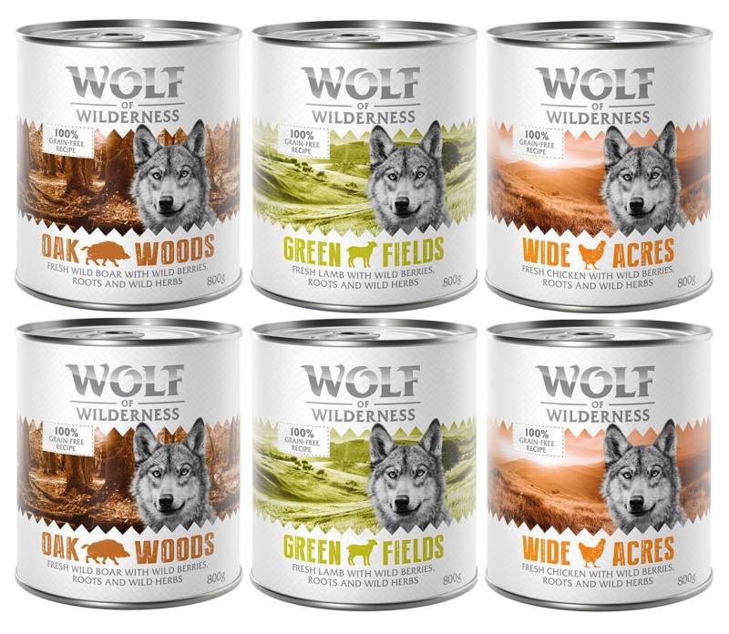 10% Rabatt! Wolf of Wilderness Mixpakete - Junior, Adult & Senior - 6 x 800 g: Wildschwein, Huhn, Lamm von Wolf of Wilderness