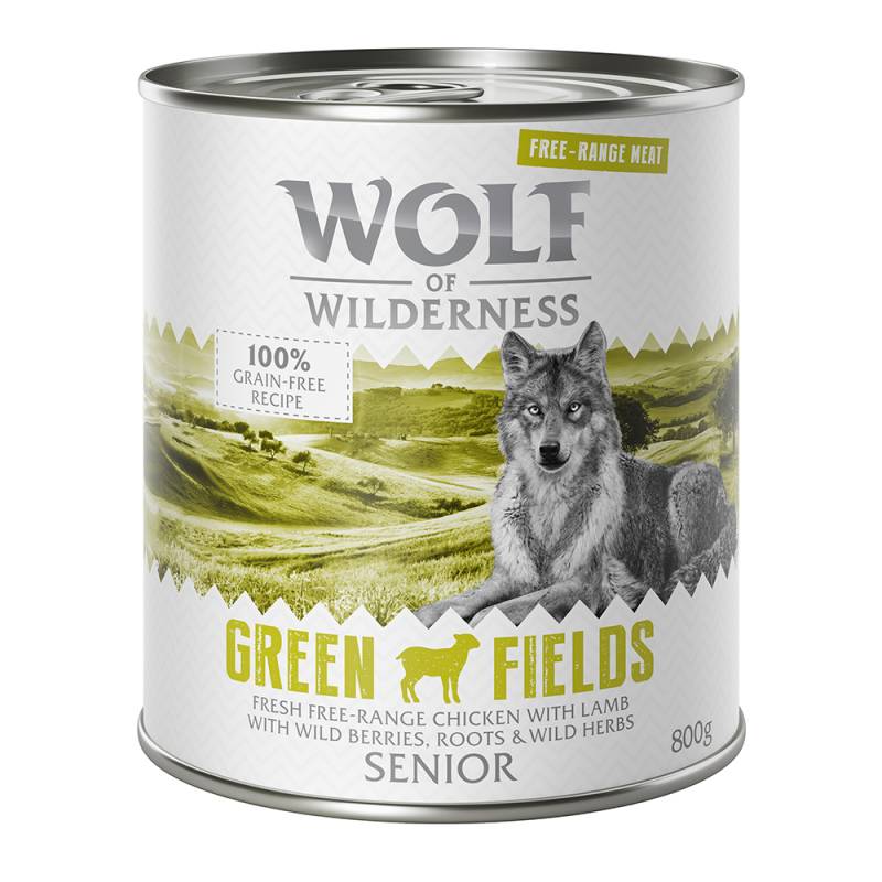 11 + 1 gratis! Wolf of Wilderness 12 x 800 g - SENIOR Green Fields - Freiland-Lamm & -Huhn von Wolf of Wilderness