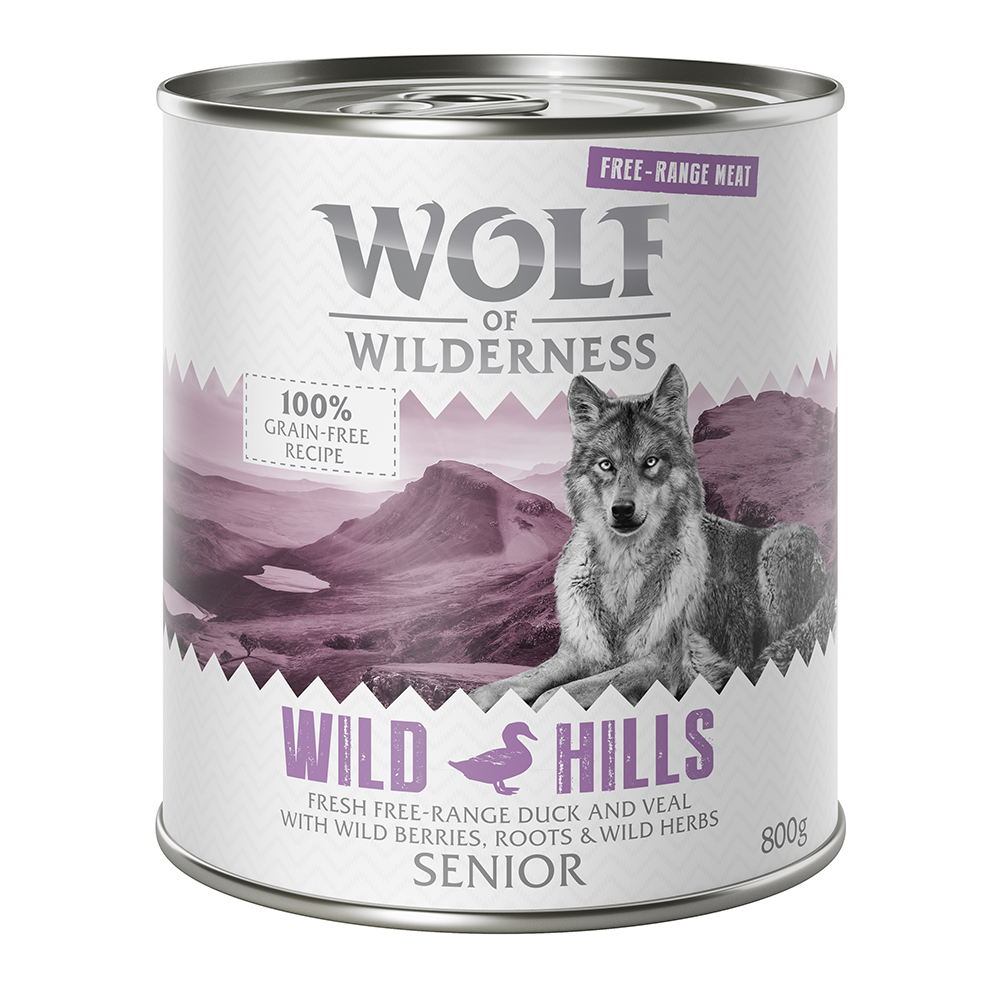 11 + 1 gratis! Wolf of Wilderness 12 x 800 g - SENIOR Wild Hills - Freiland-Ente & -Kalb von Wolf of Wilderness