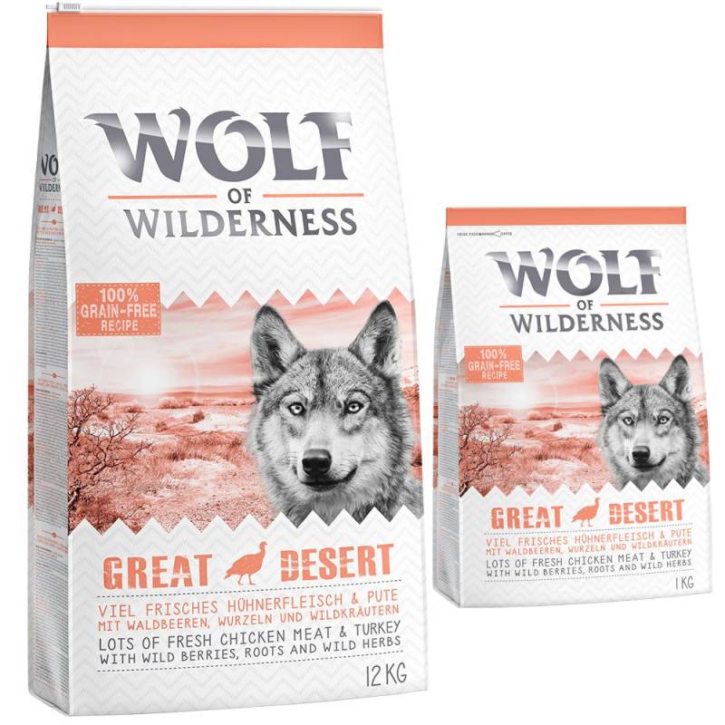 12 + 2 kg gratis! 14 kg Wolf of Wilderness Trockenfutter - Great Desert - Pute von Wolf of Wilderness