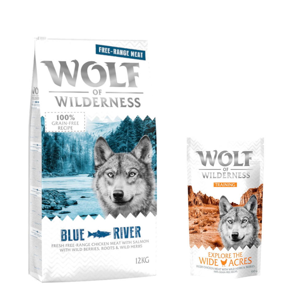 12 kg Wolf of Wilderness + 100 g Training Snack gratis! - Blue River - Freiland-Huhn & Lachs von Wolf of Wilderness