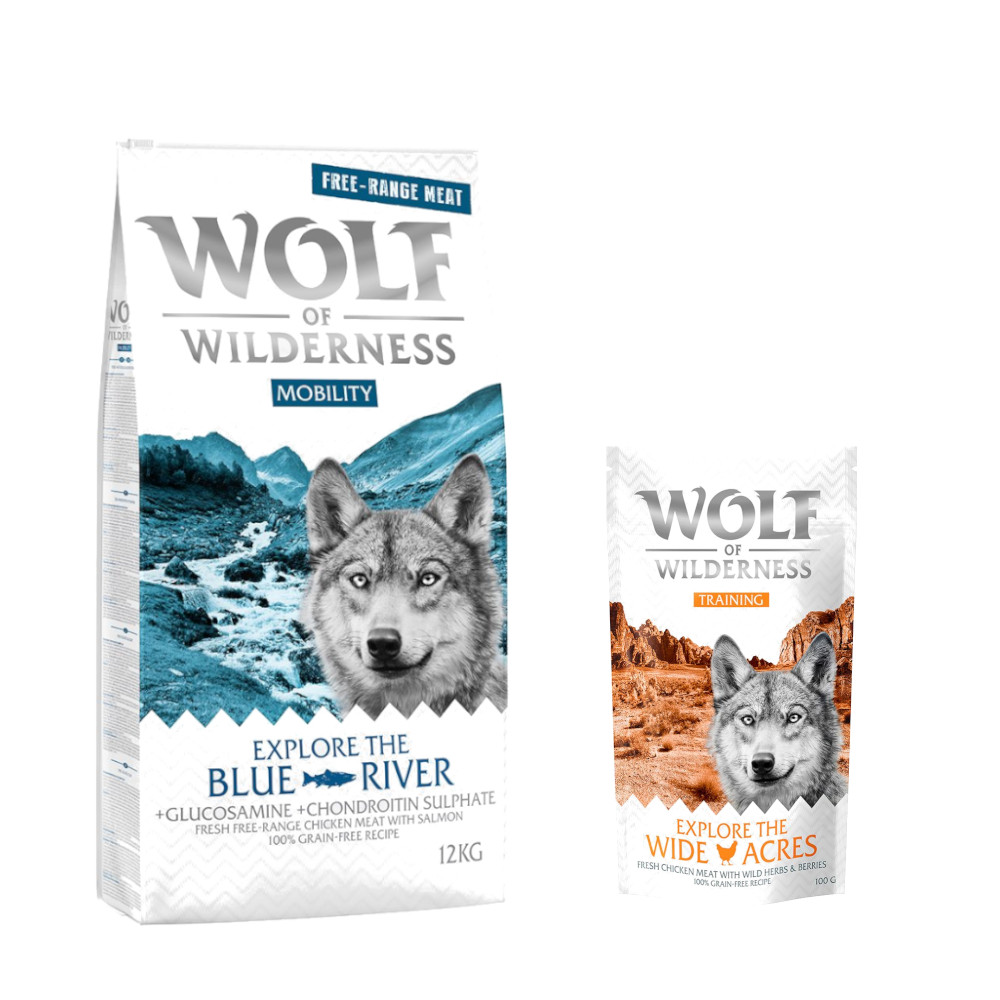 12 kg Wolf of Wilderness + 100 g Training Snack gratis! - Explore The Blue River - Freiland-Huhn & Lachs (Mobility) von Wolf of Wilderness