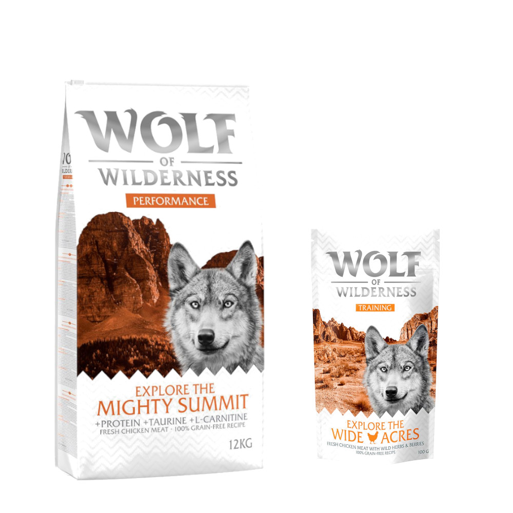 12 kg Wolf of Wilderness + 100 g Training Snack gratis! - Explore The Mighty Summit - Huhn (Performance) von Wolf of Wilderness