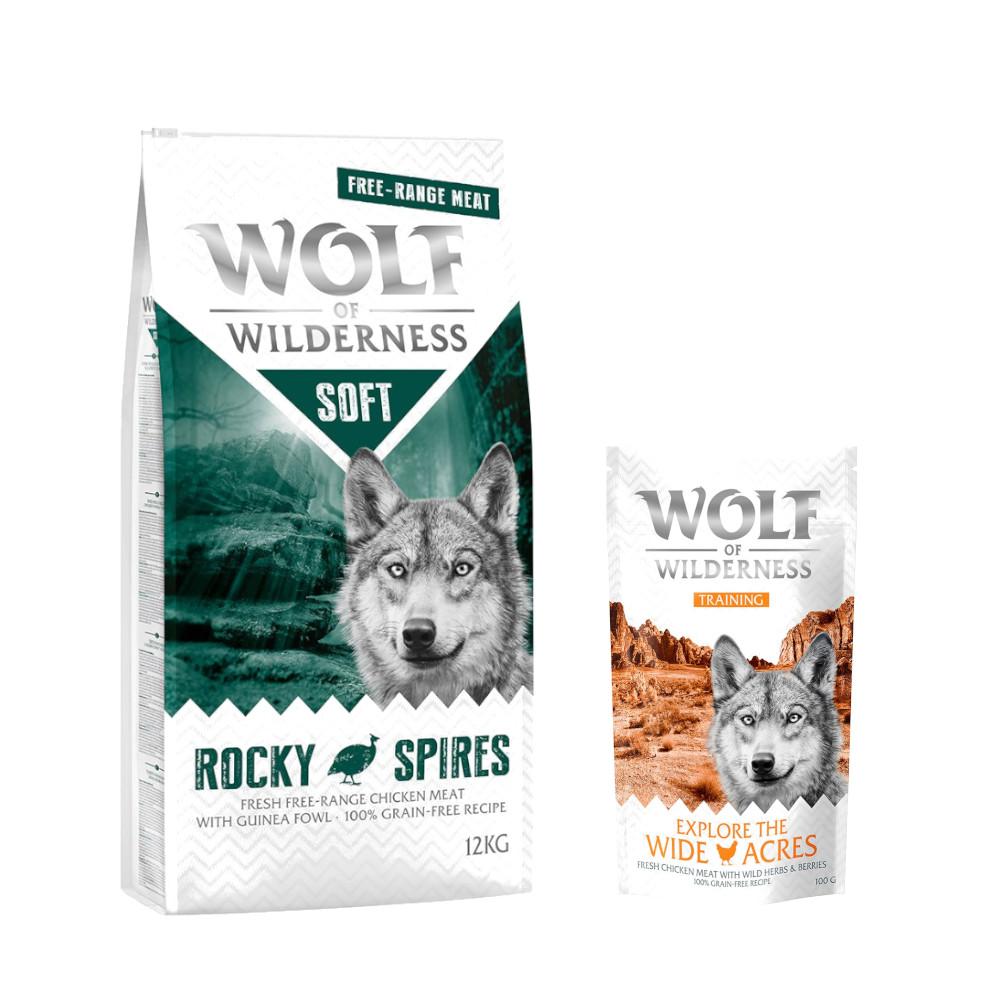 12 kg Wolf of Wilderness + 100 g Training Snack gratis! - Rocky Spires - Freiland-Huhn & Perlhuhn (halbfeucht) von Wolf of Wilderness