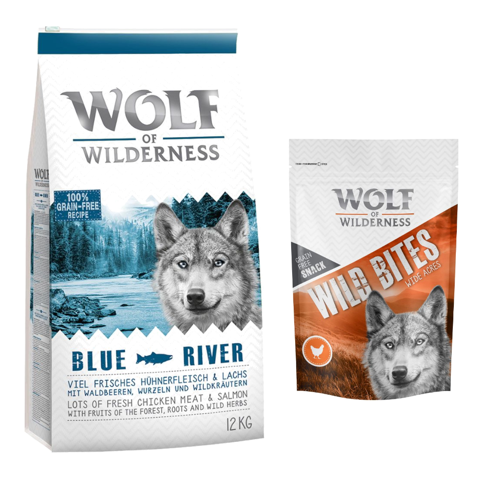 12 kg Wolf of Wilderness + 180 g Wild Bites Snack gratis! Blue River - Lachs + Huhn Snack von Wolf of Wilderness