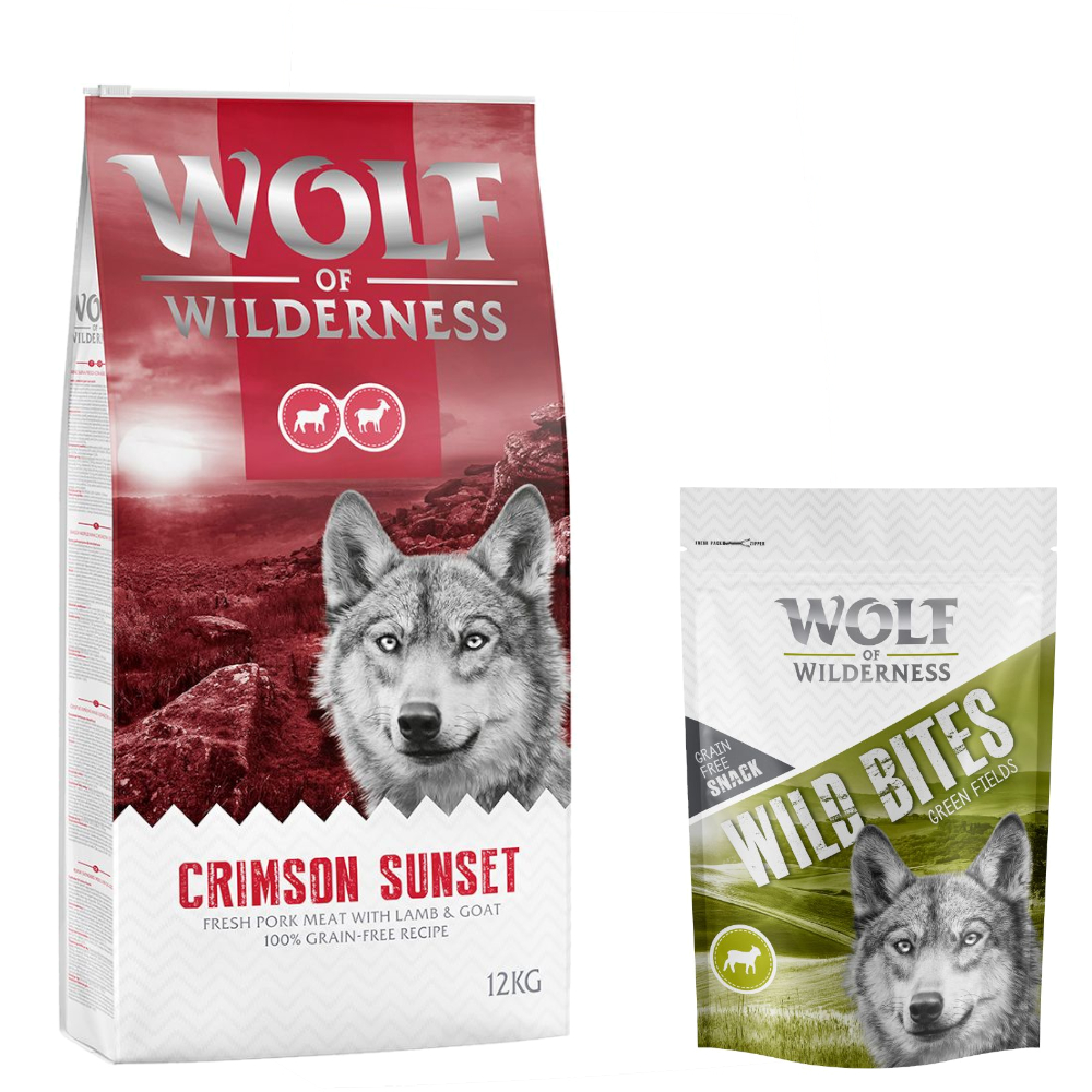 12 kg Wolf of Wilderness + 180 g Wild Bites Snack gratis! Crimson Sunset - Lamm & Ziege + Lamm Snacks von Wolf of Wilderness