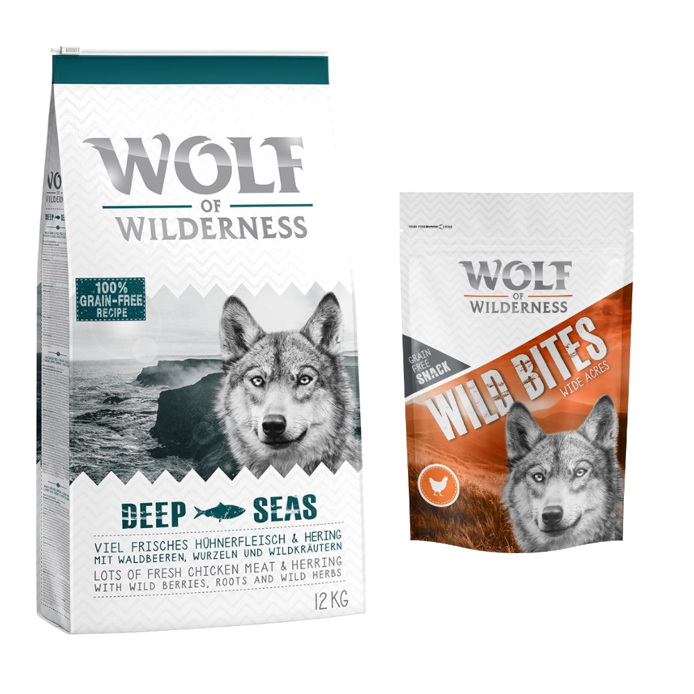 12 kg Wolf of Wilderness + 180 g Wild Bites Snack gratis! Deep Seas - Hering + Huhn Snack von Wolf of Wilderness