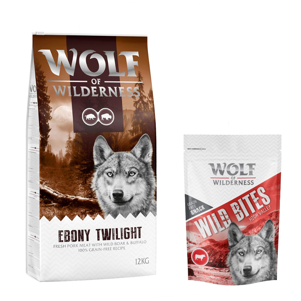 12 kg Wolf of Wilderness + 180 g Wild Bites Snack gratis! Ebony Twilight - Wild & Büffel + Rind Snack von Wolf of Wilderness