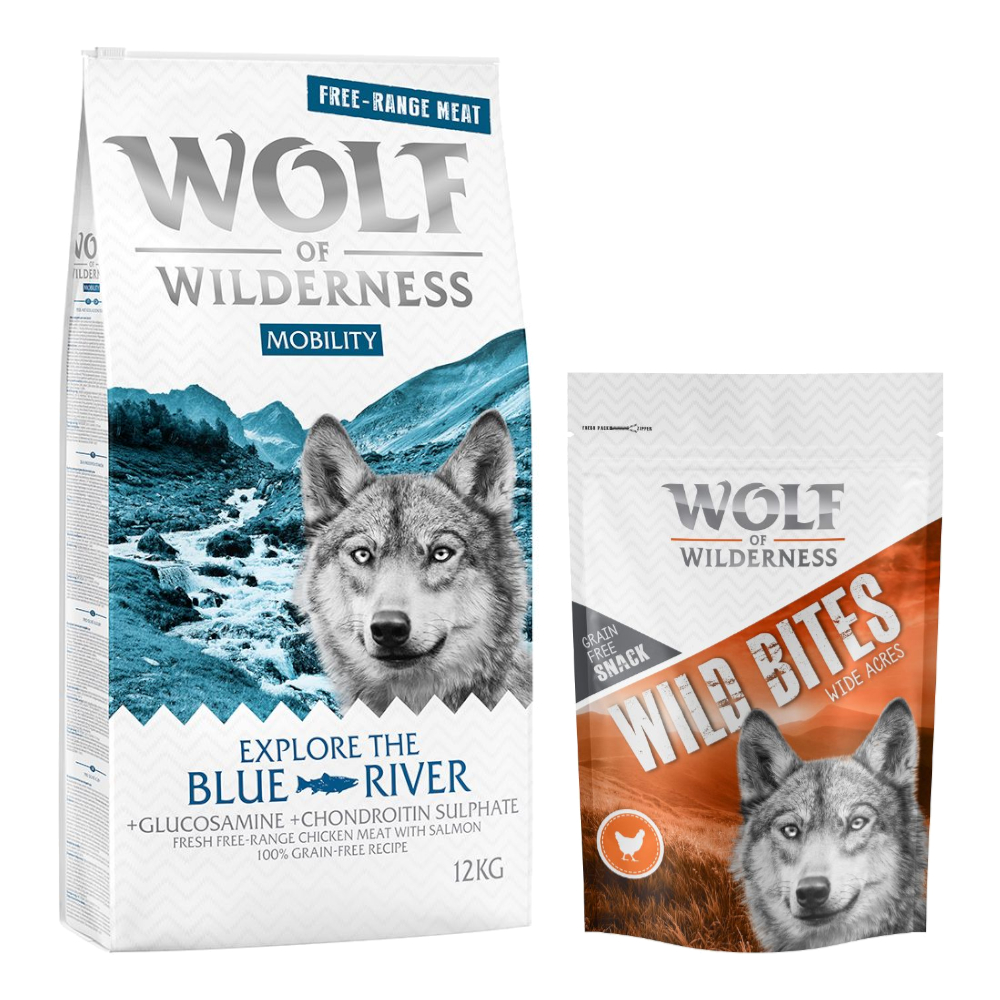 12 kg Wolf of Wilderness + 180 g Wild Bites Snack gratis! "Explore" Mobility - Freilandhuhn & Lachs + Snack Huhn von Wolf of Wilderness