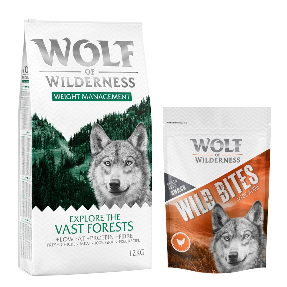 12 kg Wolf of Wilderness + 180 g Wild Bites Snack gratis! "Explore" Weight Management + Snack Huhn von Wolf of Wilderness