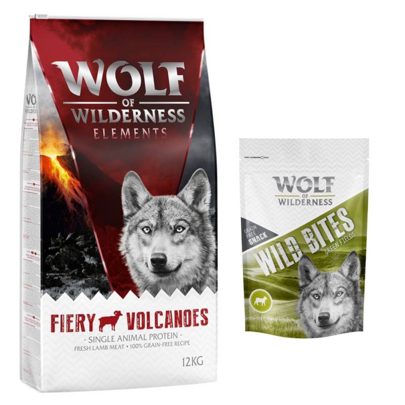 12 kg Wolf of Wilderness + 180 g Wild Bites Snack gratis! Fiery Volcanoes - Lamm  + Lamm Snack (Monoprotein) von Wolf of Wilderness