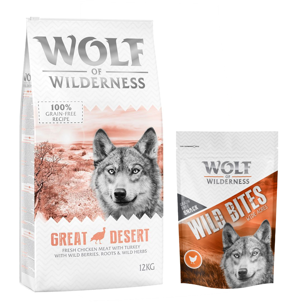 12 kg Wolf of Wilderness + 180 g Wild Bites Snack gratis! Great Desert - Pute + Huhn Snack von Wolf of Wilderness