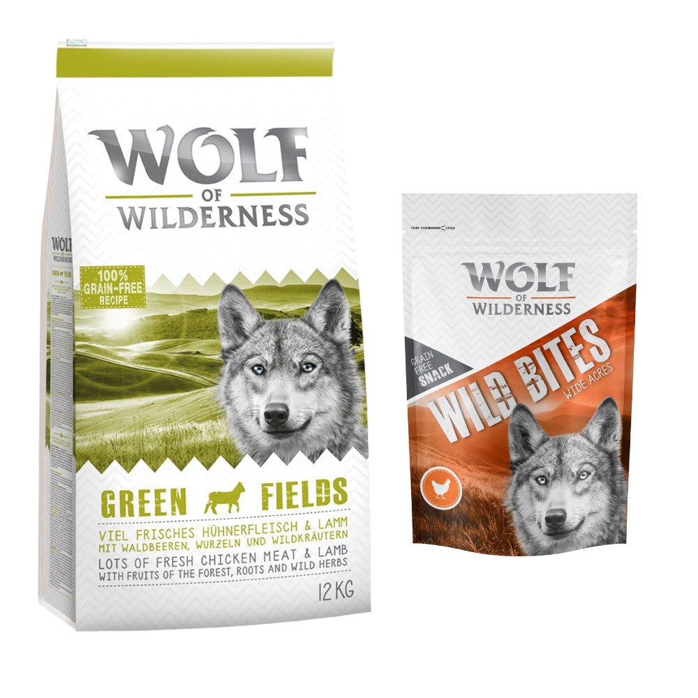 12 kg Wolf of Wilderness + 180 g Wild Bites Snack gratis! Green Fields - Lamm + Huhn Snack von Wolf of Wilderness