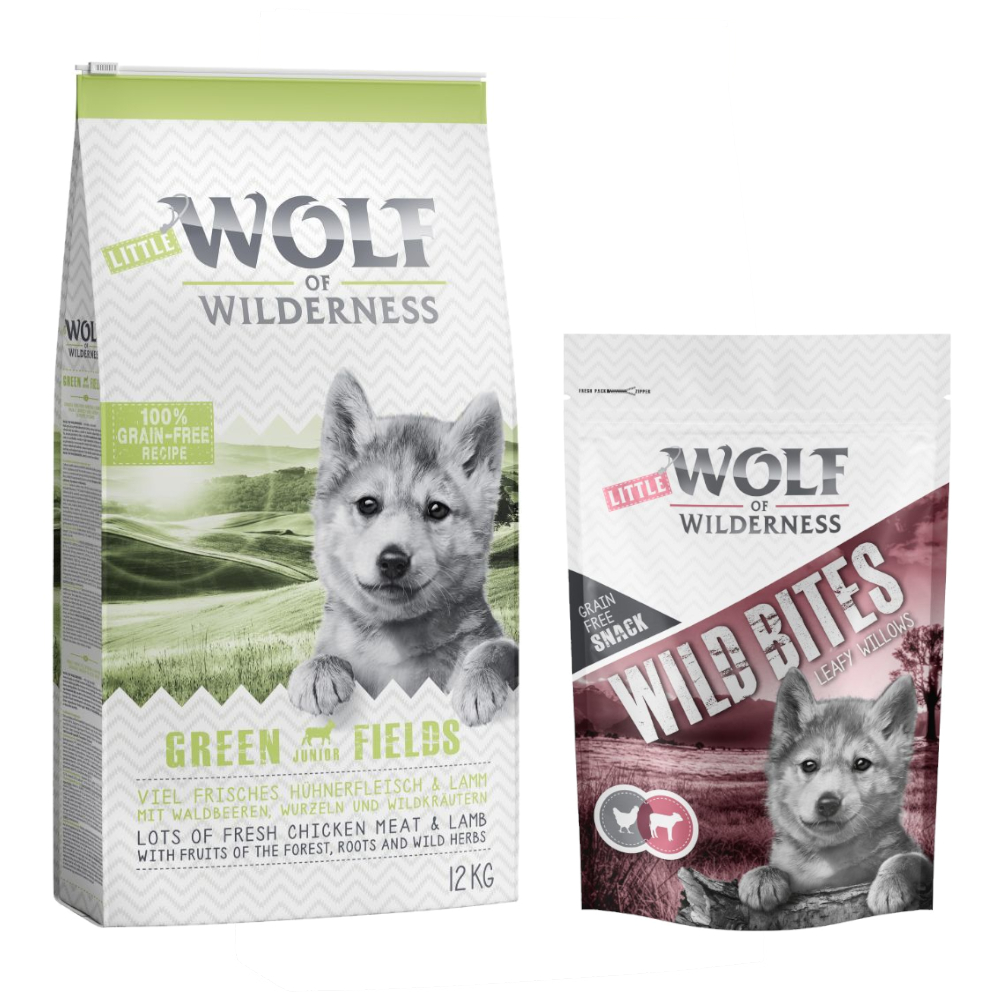 12 kg Wolf of Wilderness + 180 g Wild Bites Snack gratis! JUNIOR Green Fields - Lamm + JUNIOR Kalb Snack von Wolf of Wilderness