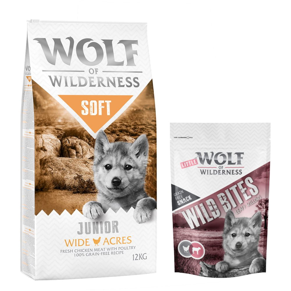 12 kg Wolf of Wilderness + 180 g Wild Bites Snack gratis! JUNIOR Soft Huhn + JUNIOR Kalb Snack von Wolf of Wilderness