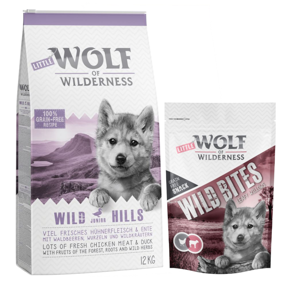 12 kg Wolf of Wilderness + 180 g Wild Bites Snack gratis! JUNIOR Wild Hills - Ente + JUNIOR Kalb Snack von Wolf of Wilderness