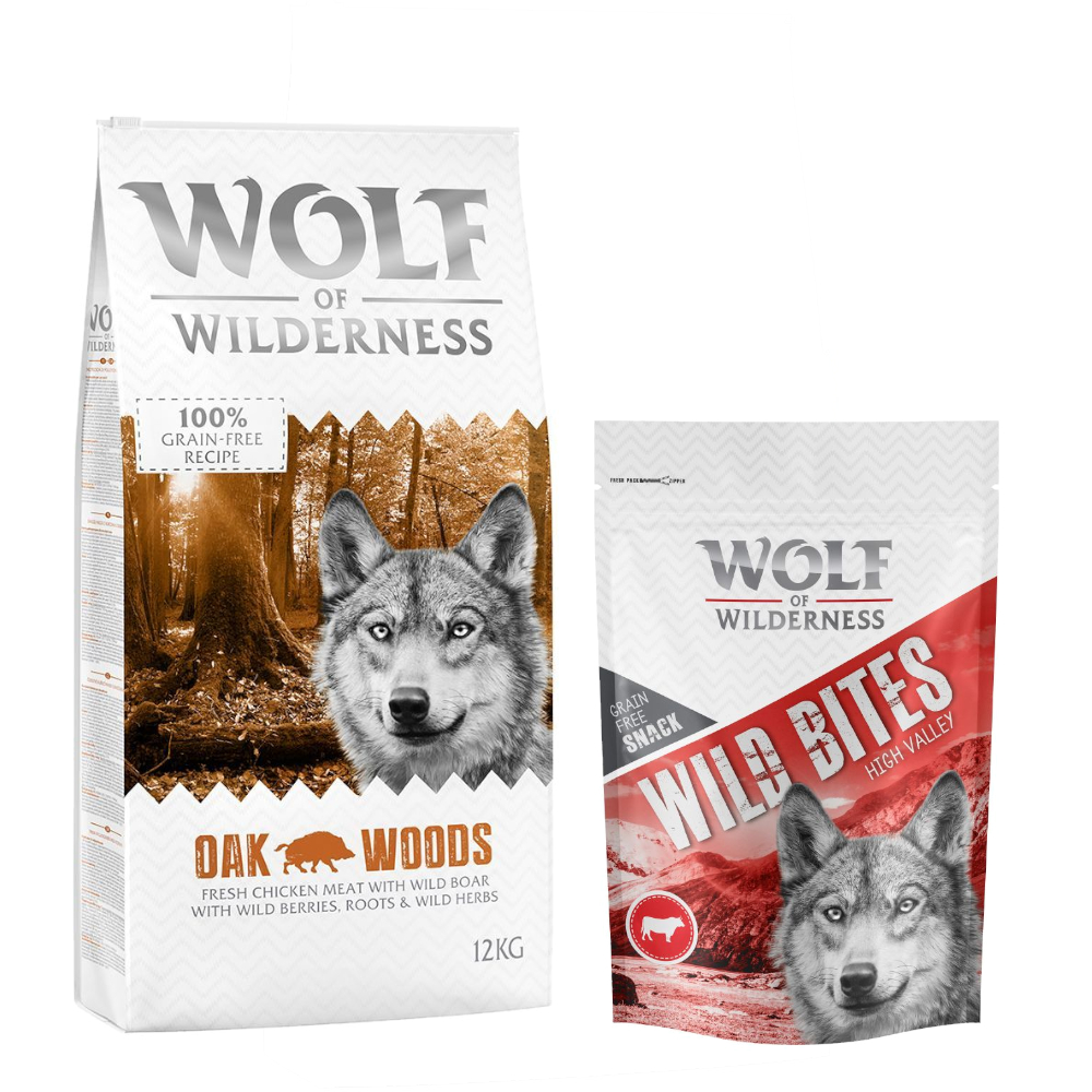 12 kg Wolf of Wilderness + 180 g Wild Bites Snack gratis! Oak Woods - Wildschwein + Rind Snack von Wolf of Wilderness