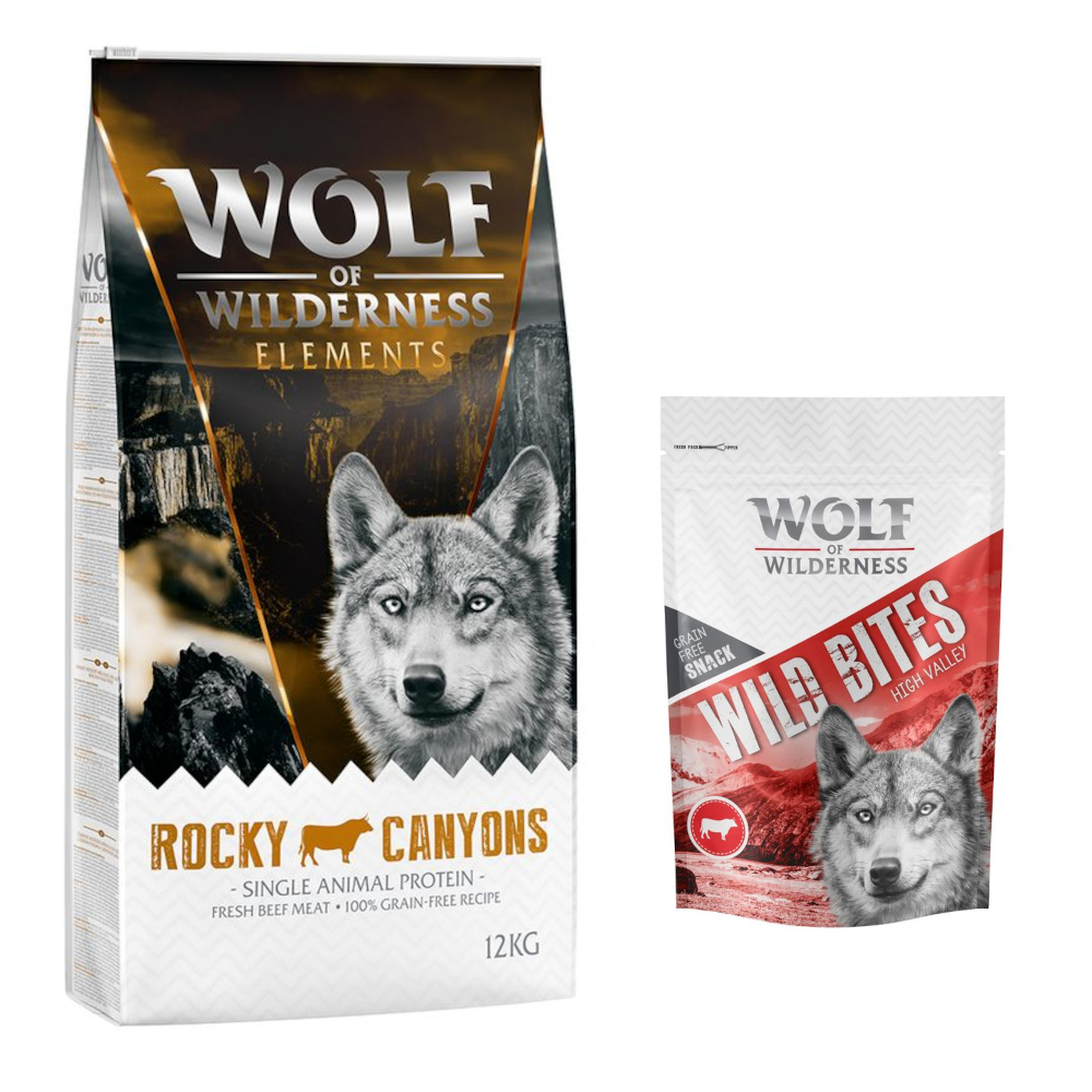 12 kg Wolf of Wilderness + 180 g Wild Bites Snack gratis! Rocky Canyons - Rind + Rind Snack (Monoprotein) von Wolf of Wilderness