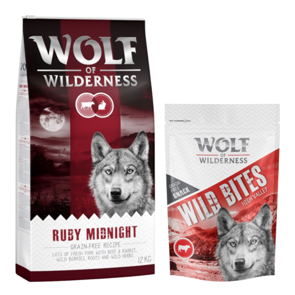 12 kg Wolf of Wilderness + 180 g Wild Bites Snack gratis! Ruby Midnight - Rind & Kaninchen + Rind Snack von Wolf of Wilderness