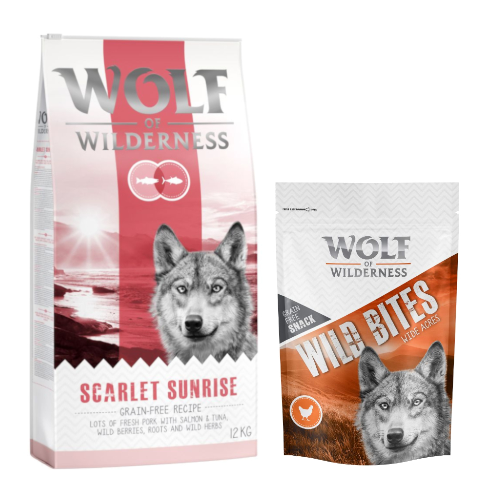 12 kg Wolf of Wilderness + 180 g Wild Bites Snack gratis! Scarlet Sunrise - Lachs & Thunfisch + Huhn Snack von Wolf of Wilderness