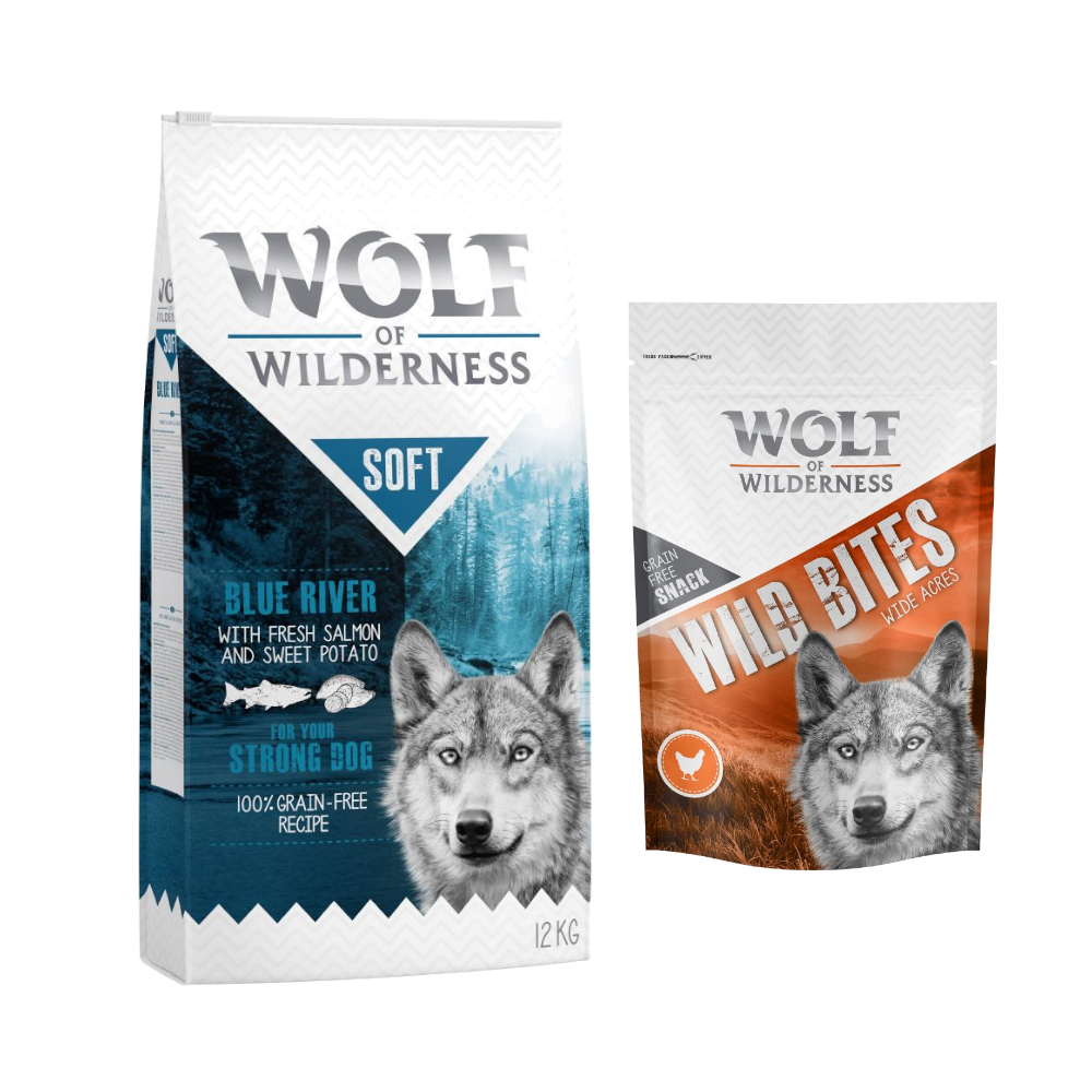 12 kg Wolf of Wilderness + 180 g Wild Bites Snack gratis! Soft Blue River - Lachs + Huhn Snack von Wolf of Wilderness