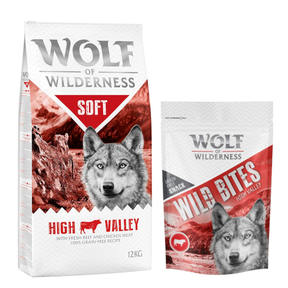 12 kg Wolf of Wilderness + 180 g Wild Bites Snack gratis! Soft High Valley - Rind  + Rind Snack von Wolf of Wilderness